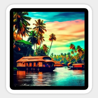 Elegant Kerala natural landscape of coconut trees sunset sky river and houseboat Sticker